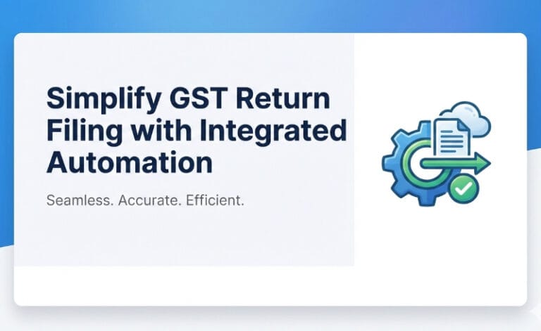 Illustration showing integrated GST return filing automation where ERP and billing system data flows through a validation and integration layer into GSTR-1, GSTR-2B, and GSTR-3B returns, ensuring accurate reconciliation, audit readiness, and scalable GST compliance.
