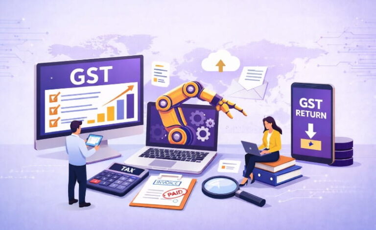 GST automation dashboard showing invoice reconciliation, compliance tracking, and real-time tax reporting for Indian businesses